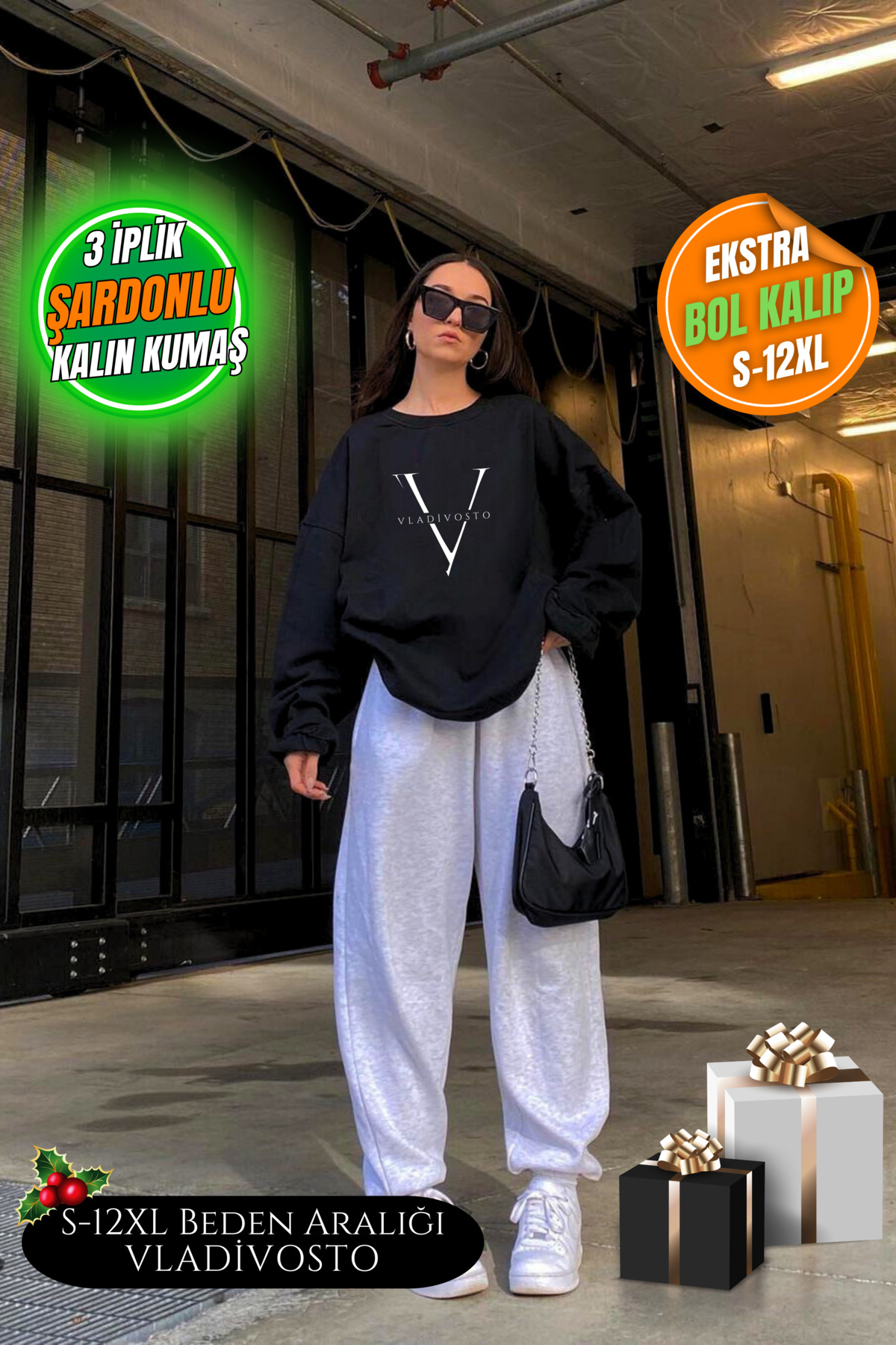 3 Iplik Şardonlu Kalın Büyük Beden Jogger Gri / Siyah Kadın Yüksek Bel Yazlık Oversize Eşofman Altı