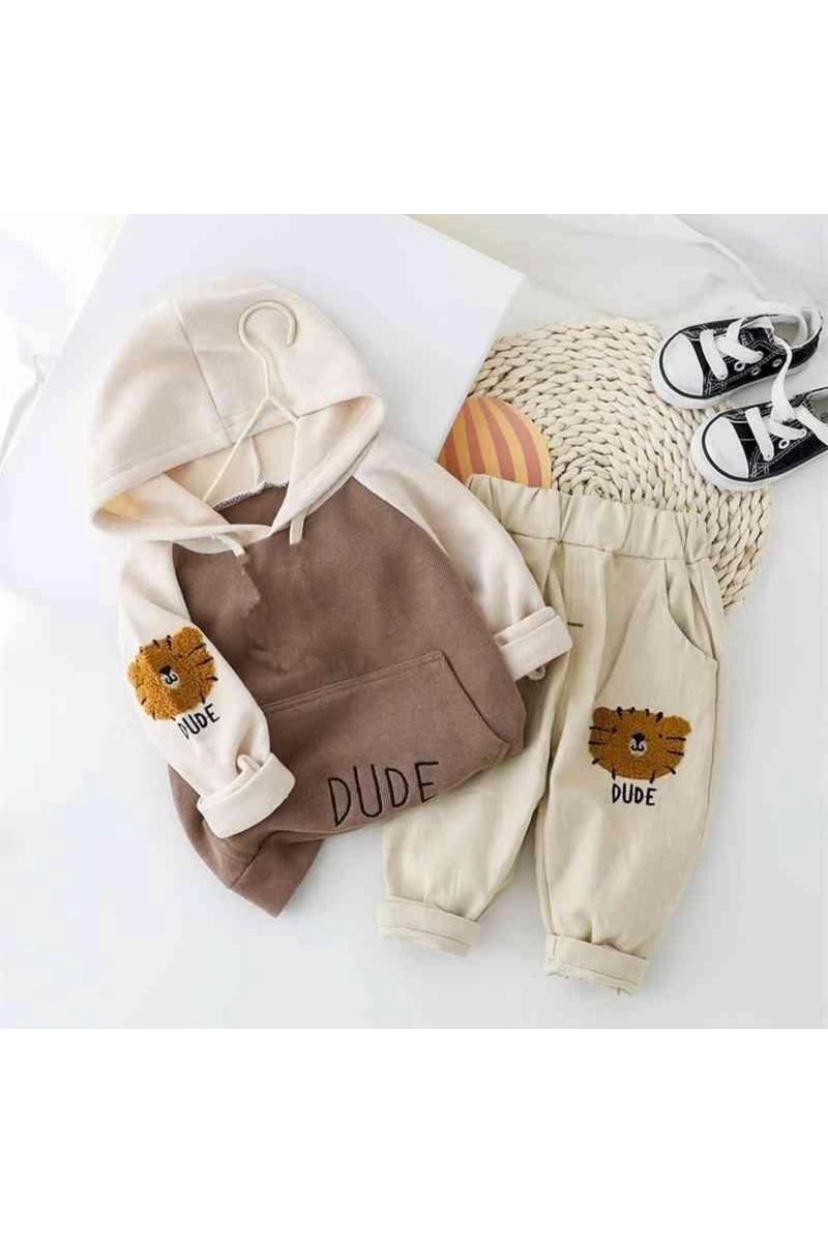 Dude Desenli Kapşonlu Bebek Alt Üst Takım