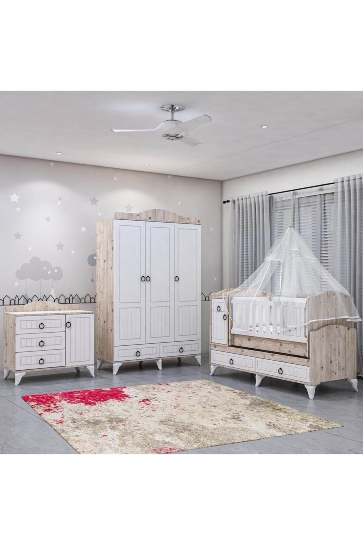 Sude Beyaz Membran Country Asansörlü Bebek Odası Takımı - Yatak Ve Uyku Seti Kombinli Uyku Seti Krem