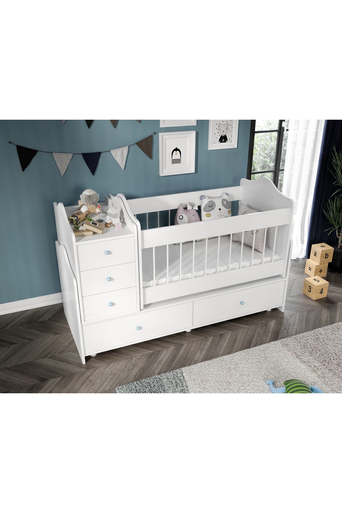 Merlin Mobilya Angel Büyüyebilen Mavi Kulplu Beşik